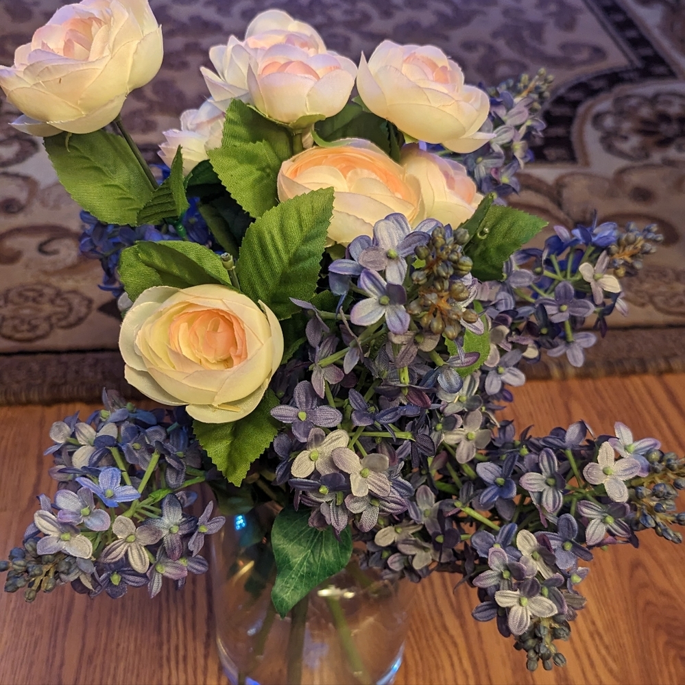 Artificial Silk Camellia & Lilac in a clear Jar Vase